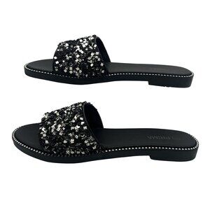Prima Black Womens Slide Sandals With Rhinestone Embellishments Size 9